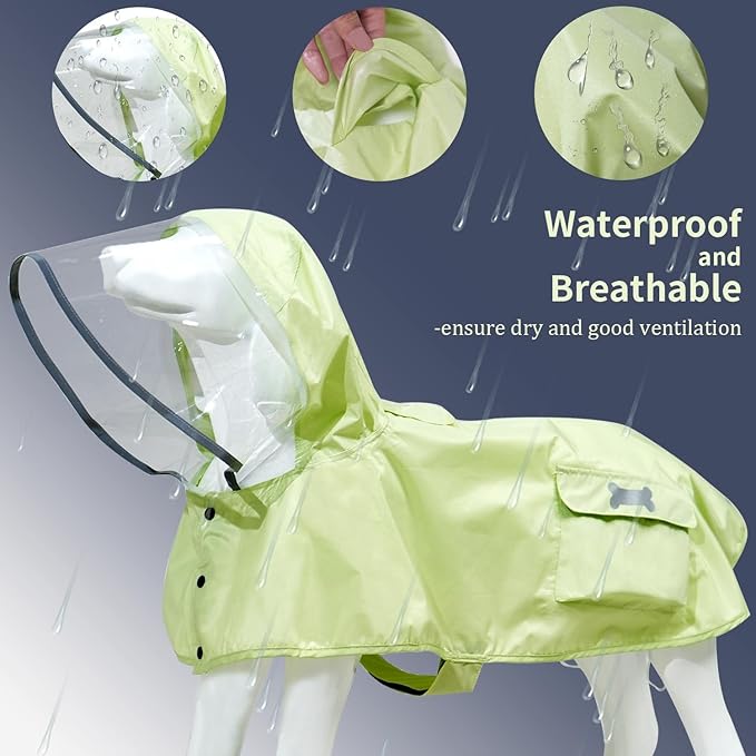 Waterproof Dog Raincoat, Adjustable Reflective Lightweight Pet Rain Clothes with Poncho Hood(XX-Large,Light Green)
