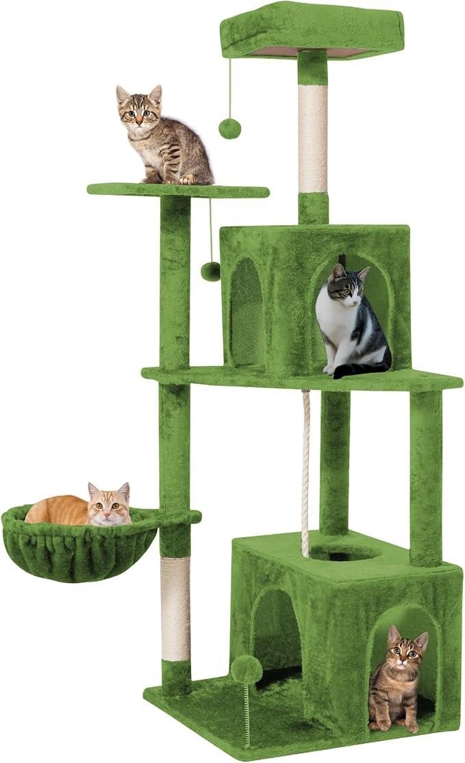 Cat Tree 54-Inch Cat Tower with Padded Plush Perch 2 Comfy Caves, Scratching Posts, Basket, 2 Pompoms, Multi-Level Plush Cat Condo for Indoor Cats Kittens, Green