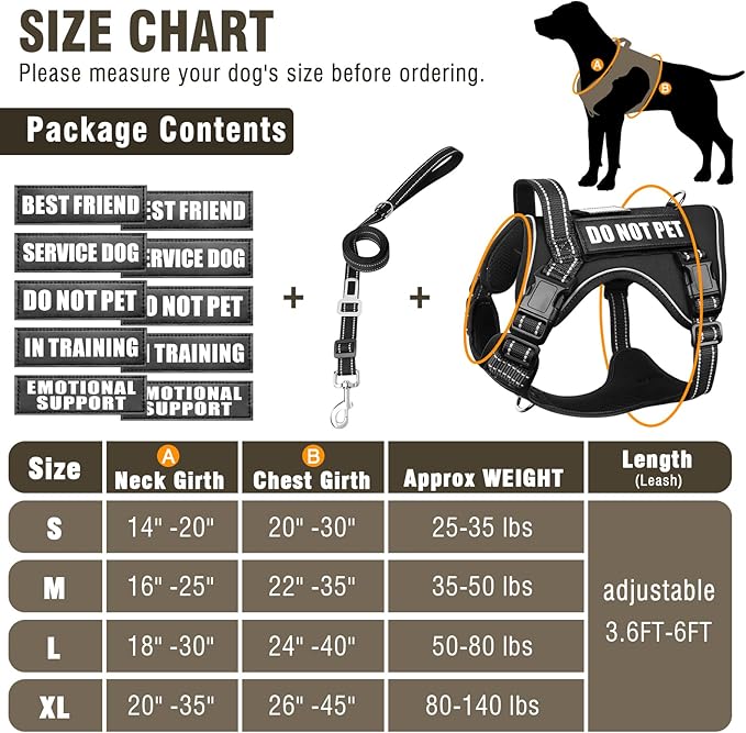 Tactical Dog Harness and Leash Set Medium Sized Dog,Heavy Duty No Pull Service Dog Vest and 10 Patches with Dog Seat Belt,Reflective Adjustable Pet Harness for Training Walking Hiking Black M