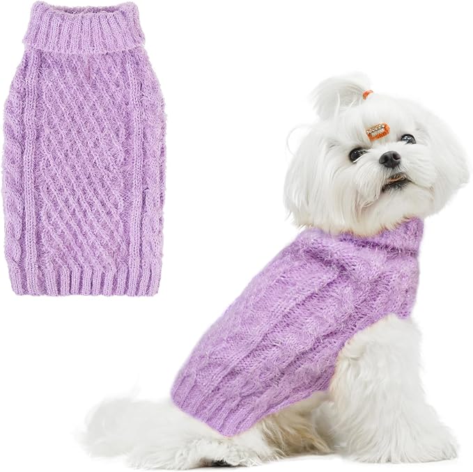 Turtleneck Small Dog Sweaters - Classic Cable Knitwear Winter Coat for Small Medium Dogs Male Female Puppy Dog Cold Weather Clothes Girls Boys, Purple, XS