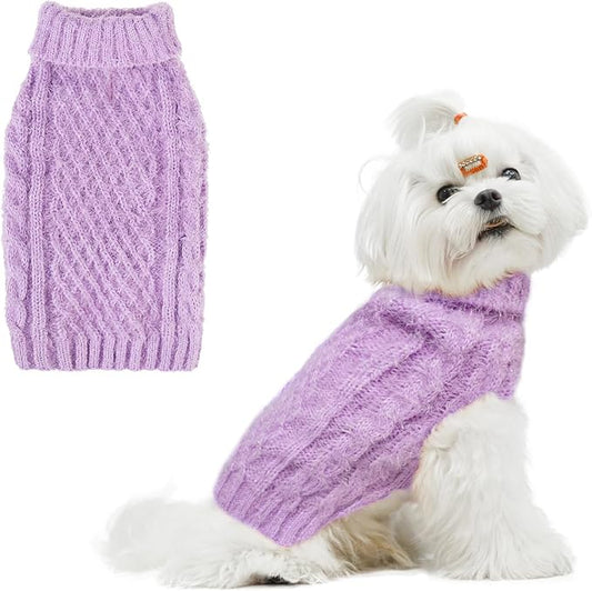 Turtleneck Small Dog Sweaters - Classic Cable Knitwear Winter Coat for Small Medium Dogs Male Female Puppy Dog Cold Weather Clothes Girls Boys, Purple, S/M