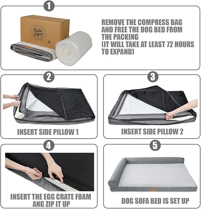 Patas Lague Orthopedic Dog Bed Large Sized Dog 36''X24'', Waterproof L Bolster Medium Pet Sofa Beds with Removable Washable Cover, Soft Comfortable Pet Couch Crate Mat with Nonskid Bottom, Brown