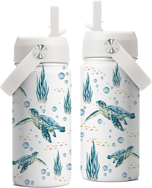 Turtle Gifts for Turtle Lovers, 16 oz Water Bottle with Straw Lid, Stainless Steel Insulated Sea Turtles Tumbler, Ocean Turtles Water Bottles for Turtle Lovers