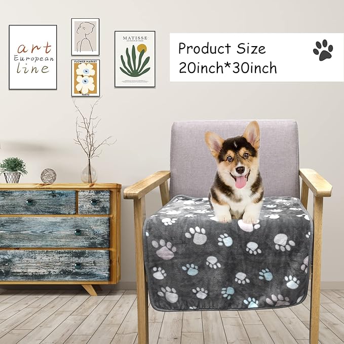 Rezutan Upgraded Dog Blankets for Medium Dogs, 3 Pack Dog Cat Blanket Washable, Soft Pet Throw Cover Suitable for Kennel Crate Bed, Cute Paw Pattern, 30"x20" Grey/Brown/White