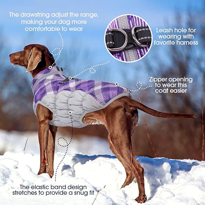 FUAMEY Dog Coat for Small Dogs,Waterproof Dog Winter Jacket with Harness Built in Puppy Cold Weather Coats Reflective Pet Vest with Zipper Warm Fleece Dogs Snowsuit Windproof Purple Plaid S