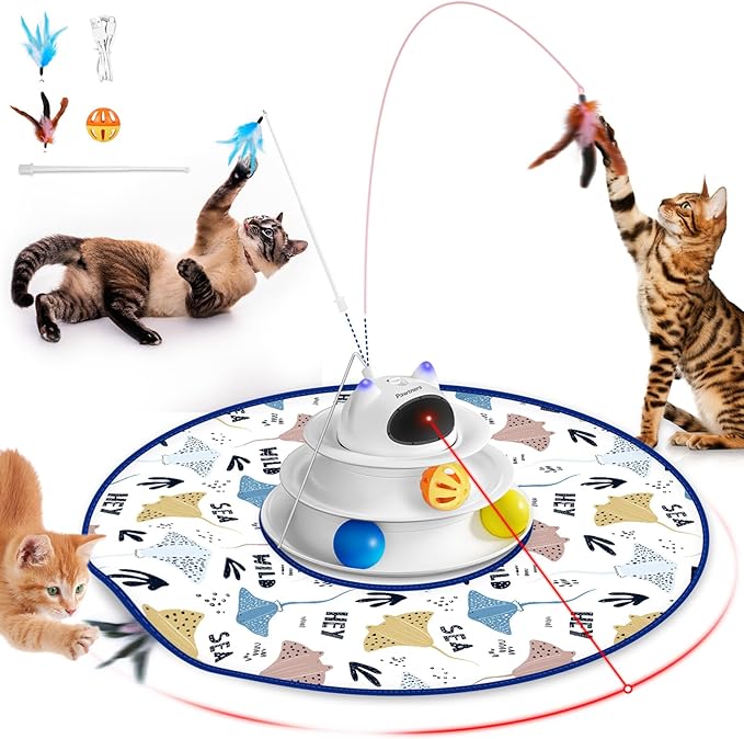 Interactive Cat Toy: 5 in 1 Automatic Cat Toy for Indoor Cats, Rechargeable Hide and Seek Toy with PVC Cover, Battery Operated Kitten Laser Toy with Standard Feather Accessories Pack