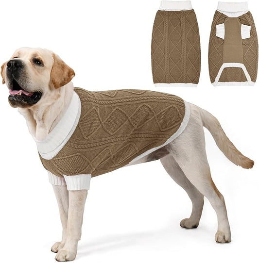 Dog Sweater for Large Dogs Argyle Cable Knit Turtleneck Pullover Winter Clothes Boys Girls Stretch Golden Retriever Labrador Bulldog Pitbull Doberman Pet (XL, Brown)