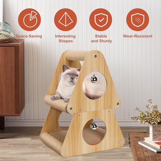 Ownpets Cat Scratcher Cat House, Double-Layer Triangular Shape Cat Scratching Board, 2 in 1 Cat Scratching Post with Ball Toys for Indoor