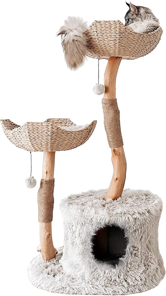 Mau Lifestyle Modern Cat Tree Tower, Real Branch Luxury Cat Condo, Wood Cat Tower, Scratching Tree, Cat Lover Gift