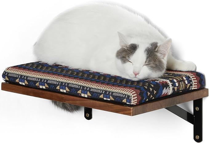 FUKUMARU Floating Wall Shelf with Cat Faux Lamb Mat, 0.79 Inch Thick Solid Rubber Wood Hanging Shelves, 15.7 x 10 Inch (Walnut Shelf with Kitten Memory Foam Pad)