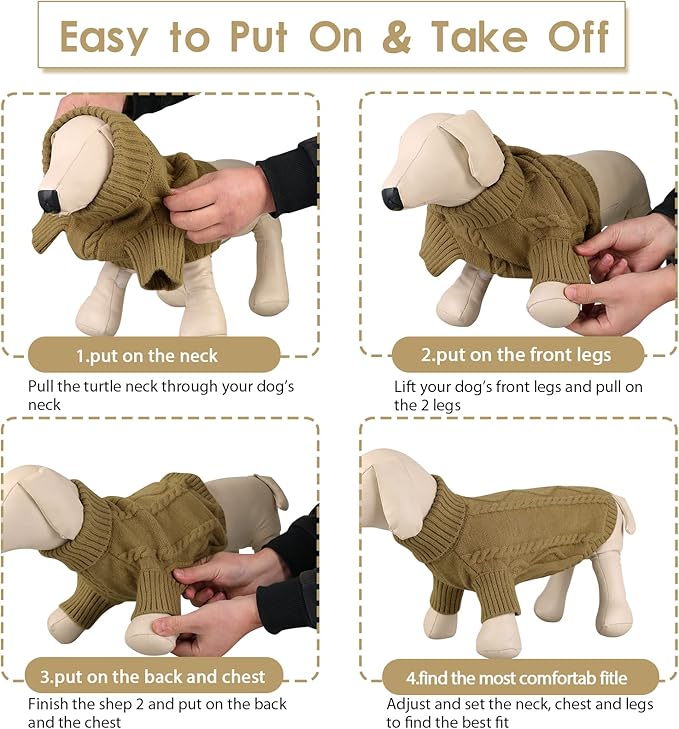Queenmore Small Dog Pullover Sweater, Cold Weather Cable Knitwear, Classic Turtleneck Thick Warm Clothes for Chihuahua, Bulldog, Dachshund, Pug (Light Brown, Large)