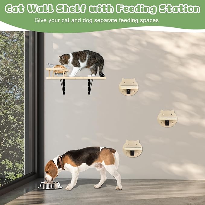 Y&ME YM Cat Wall Shelves and Perches - 3 Steps, Climbing Shelf, Scratch Post, 2 Food Shelves - Wall Mount Furniture