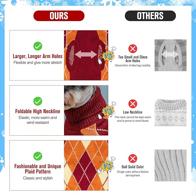 KOOLTAIL Small Dog Sweater, Knit Turtleneck Fall Thanksgiving Dog Sweaters for Medium Large Dogs, Plaid Pullover Cold Weather Knitwear Pet Winter Warm Clothes, Puppy Coat for Girls Boys, Orange L