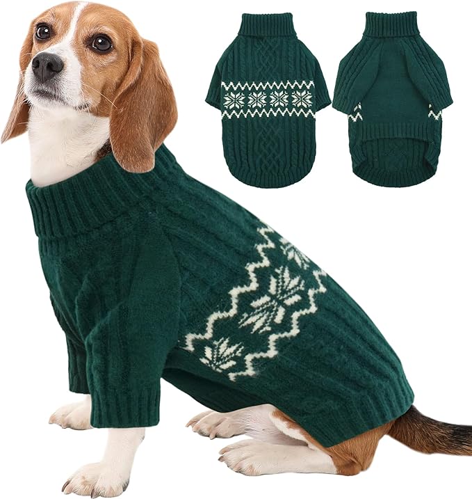 Kuoser Dog Sweater, Dog Sweaters for Medium Dogs, Doggie Sweater Christmas Clothes, Winter Coat Apparel Cable Knitwear, Pet Sweatshirt Outfit for Frech Bulldog, Boston Terrier, Green L