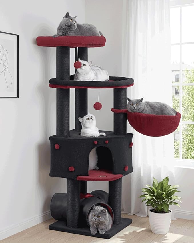Cat Tree Tower for Indoor Cats Large Adult - Heavy Duty Extra Wide Maine Coon Condo House with Hammock Scratching Post Tunnel - 60 Inch XL Feline Bed Condos Trees - Big Multi Level Cat Houses Stand