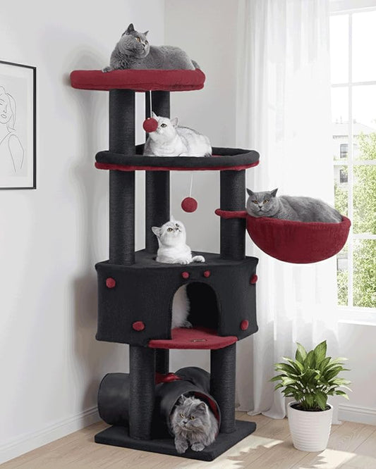 Cat Tree Tower for Indoor Cats Large Adult - Heavy Duty Extra Wide Maine Coon Condo House with Hammock Scratching Post Tunnel - 60 Inch XL Feline Bed Condos Trees - Big Multi Level Cat Houses Stand