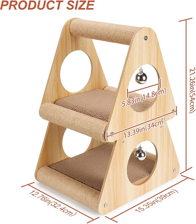 Ownpets Cat Scratcher Cat House, Double-Layer Triangular Shape Cat Scratching Board, 2 in 1 Cat Scratching Post with Ball Toys for Indoor
