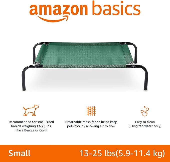 Amazon Basics Cooling Breathable Elevated Dog Bed with Metal Frame for Small Dogs, 36 x 22 x 7.5 Inch, Green