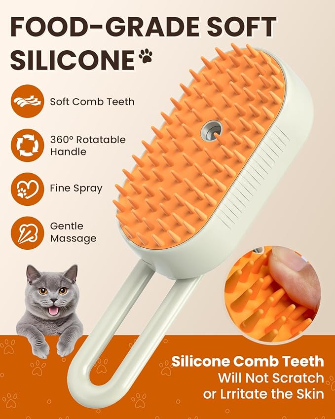 Cat Steam Brush for Shedding, Pet Steam Brush for Cats and Dog, 4 in 1 Rechargeable Cat Hair Brush, Spray Anti-Static, Massage, Cleaning, Shedding & Combing All In One, for Long & Short Haired Pets!