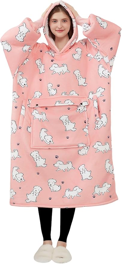 KFUBUO Wearable Blanket Hoodie for Adult Long Sherpa Dog Patterns Oversized Hoodie Sweatshirt Blanket Cute Birthday Gifts for Women