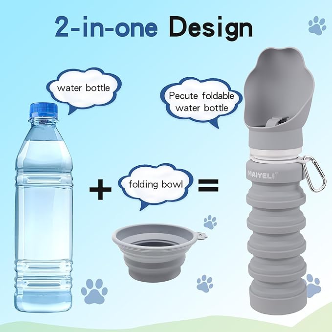 Dog Water Bottle Collapsible & Portable Squeeze, 9oz-17oz Water Dispenser & Folding Bowl,5 Levels Capacity in 1,Carabiner Clip,100% Food-Grade Silicone, Outdoor Walking,Hiking,Travel