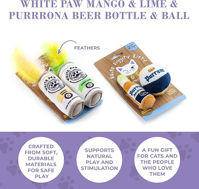White Paw Mango & Lime + Purrrona Beer Bottle & Ball Set, Plush Cat Toys Catnip Filled with Interactive Crackle Sound, Safe & Durable Toys for Cat & Kitten, 4 Pcs