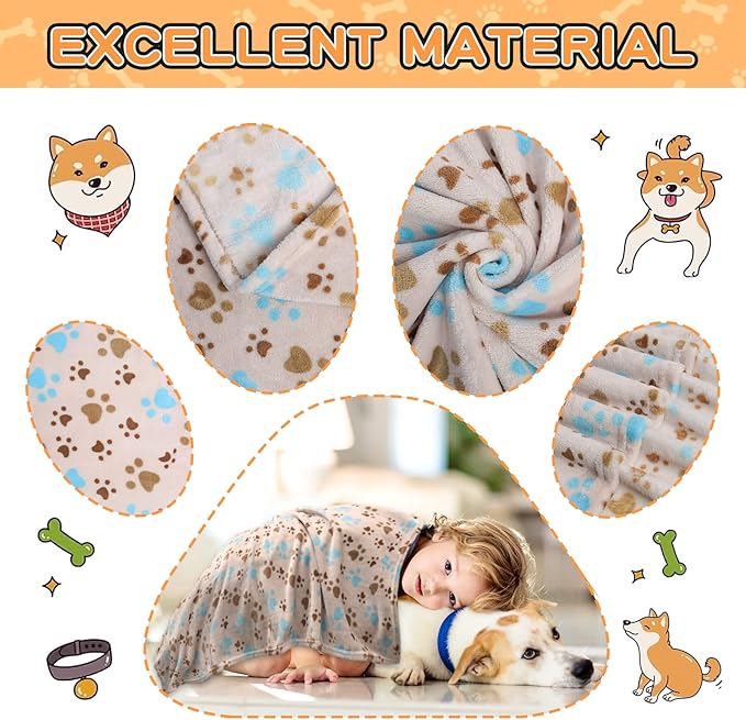 Rezutan Dog Blanket for Large Dogs, Upgraded 3 Pack Dog Cat Flannel Blankets Washable, Soft Pet Mat Throw Cover Suitable for Kennel Crate Bed, Cute Paw Pattern, Beige, 31" x 41"
