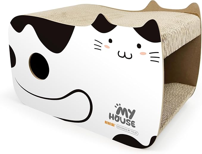 TTCAT Cute Kawaii Cat House Cat Scratching Pad Corrugated Cardboard Cat Scratcher Lounge, Durable Cat Scratching Board with Catnip for Furniture Protection.Black+White