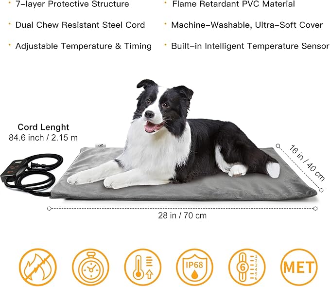 Toozey Medium Pet Heating Pad, 28x20 in, 6 Temp Settings, Timer, Waterproof, Chew-Resistant Cord, for Dogs and Cats