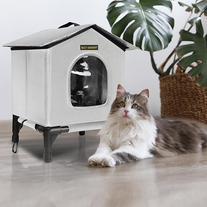 Heated Cat House for Indoor Cats in Winter, Waterproof, Fully Insulated Shelter for Stray and Feral Cats, Great for Cat Houses for Indoor Cats and Cat Beds for Indoor Cats (Grey-Heat, Medium)