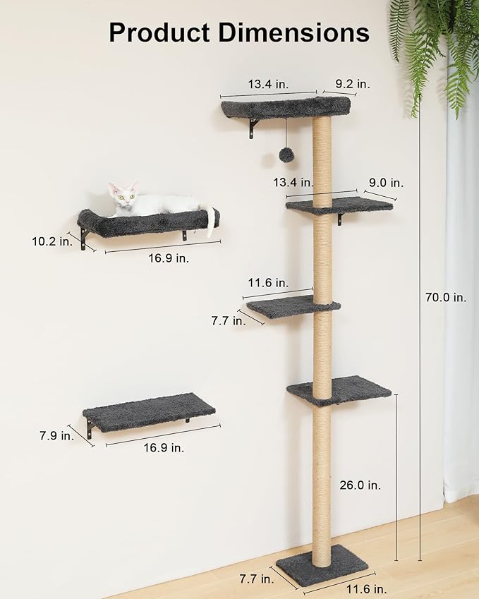 FUKUMARU Cat Wall Shelves, Stable 3-in-1 Wall Mounted Cats Furniture Set, Kitten Scratching Post with Soft Cushion Perch, Space Saving Climbing Wall for 16 Inch Drywall - Gray