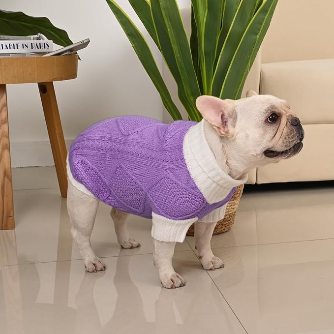 Dog Sweater for Medium Dogs Argyle Cable Knit Turtleneck Pullover Winter Clothes Boys Girls French Bulldog Dachshund Corgi Beagle Pug Pet (M, Purple)