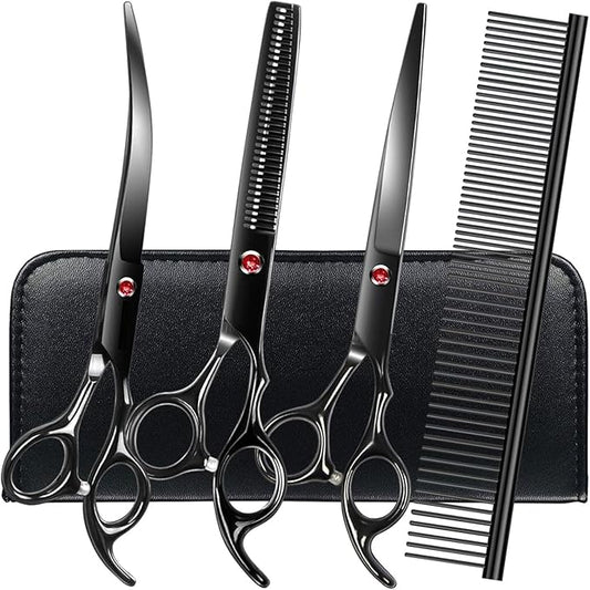 Professional Dog Grooming Scissors Set Stainless Steel Dog Grooming Kit - Thinning, Curved Scissors and Comb for Cat Pet (Black 5 in1)