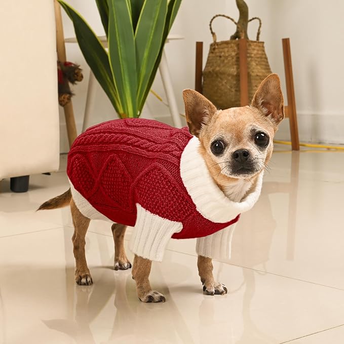 Dog Sweater for Small Dogs Argyle Cable Knit Turtleneck Pullover Winter Clothes Boys Girls Stretch Puppy Doggie Chihuahua Yorkie Pomeranian Toy Poodle Pet (XS, Red)