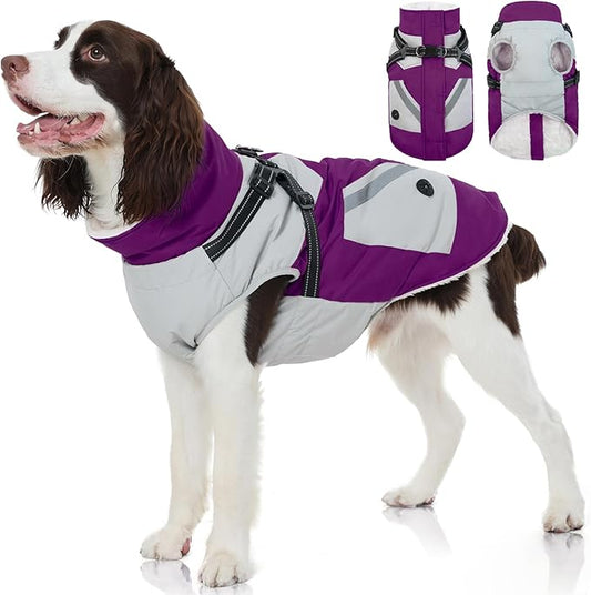FUAMEY Dog Winter Jackets for Large Dogs,Dog Coat with Harness Built in,Waterproof Dogs Snowsuits Warm Pet Jacket Zip Up Fleece Cold Weather Coats Reflective Puppy Vest with Pocket Purple XL