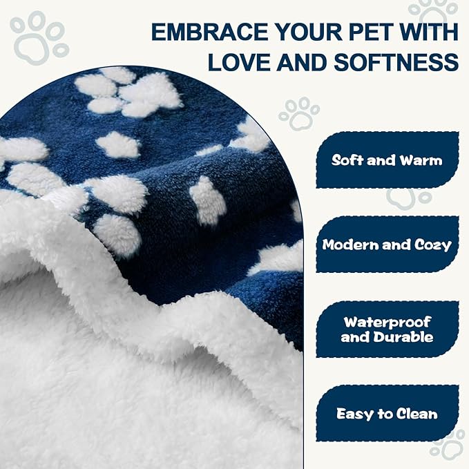 Waterproof Blanket for Dog Puppy Cat, Cute 3D Textured Paw Dog Blanket for Bed Couch Sofa, Soft Liquid Pee Proof Pet Furniture Protector, 30"x40", Navy Blue