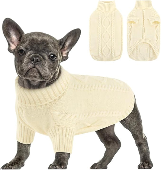 Queenmore Small Dog Pullover Sweater, Cold Weather Cable Knitwear, Classic Turtleneck Thick Warm Clothes for Chihuahua, Bulldog, Dachshund, Pug (White, Medium)