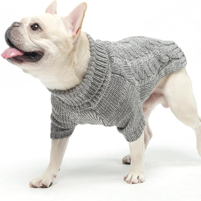 KOOLTAIL Dog Sweater for Large Medium Small Dogs, Fall Dog Sweaters, Turtleneck Cable Knitwear Pet Cold Weather Coats with Leash Hole, Warm Winter Pullover Clothes for Bulldog, Yorkie,Boy Girl,Grey SM
