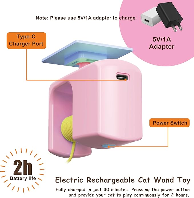 Interactive Hanging Cat Retractable String Toys for Indoor Kittens and Bored Adult Cats with 3 Flying Feathers, Automatic Electric Teaser for Enrichment and Chase, Rechargeable, Pink