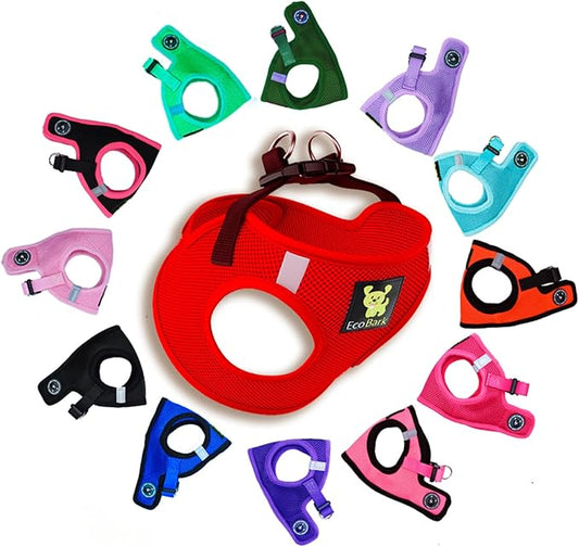 EcoBark Step in Dog Harness - Eco-Friendly Teacup Dog Harnesses for XS and Small Dogs - Reflective and Adjustable Mini Body Halter Vest -Tiny Soft Mesh Toy Breed Harness (Red, XS)