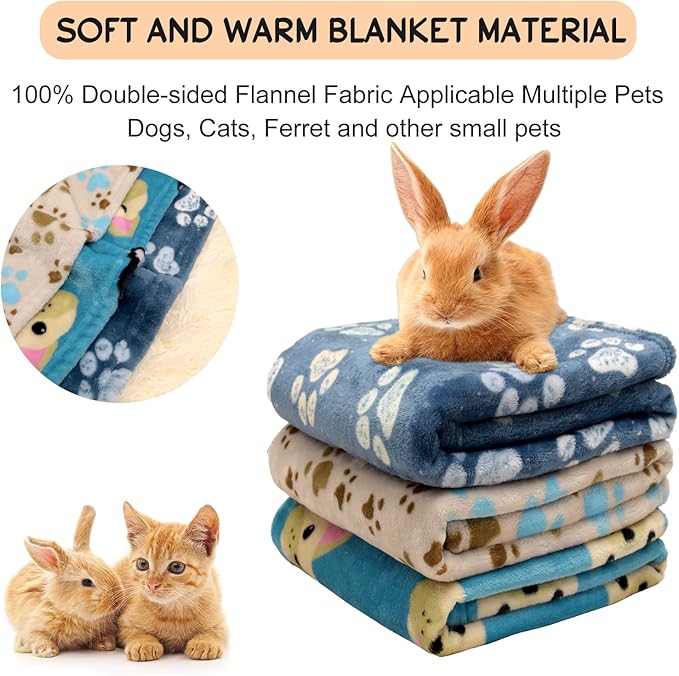 Rezutan Dog Blanket for Medium Dogs, 1 Pack 3 Premium Soft Cat Puppy Blankets, 30x20 inch, Flannel Cute Paw Print for Small Kitten Kennel Crate Bed, Blue/Beige/Navy Blue