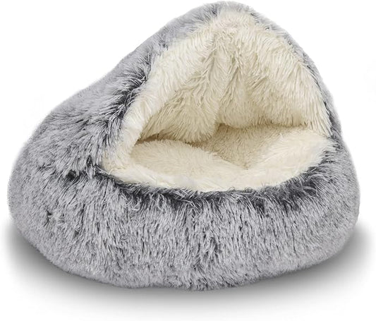 ShinHye Cozy Cat Bed - Round Plush Fluffy Hooded Cave, Indoor/Outdoor, Waterproof & Washable, Calming Anti-Anxiety Design - 23x23 Inch, Grey