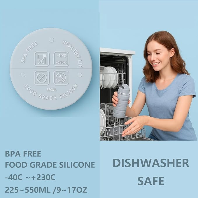 Dog Water Bottle Collapsible & Portable Squeeze, 9oz-17oz Water Dispenser & Folding Bowl,5 Levels Capacity in 1,Carabiner Clip,100% Food-Grade Silicone, Outdoor Walking,Hiking,Travel