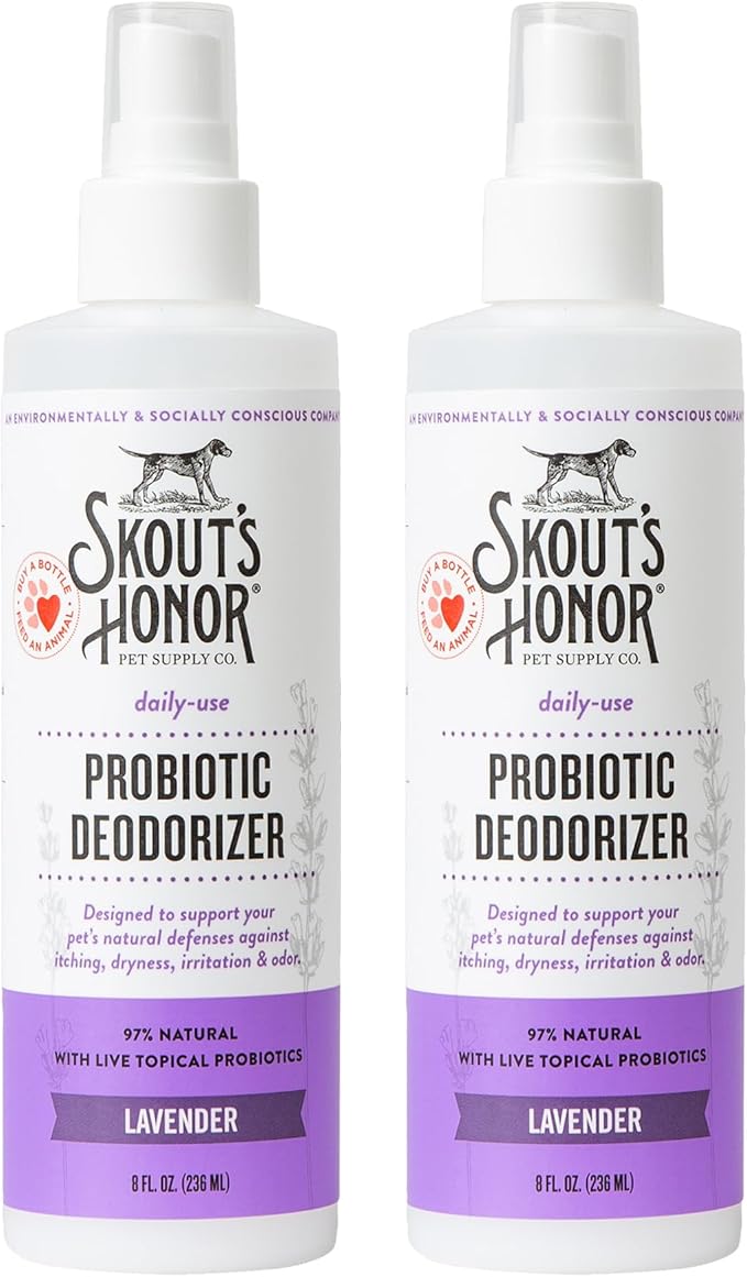 SKOUT'S HONOR Pet Probiotic Deodorizer Spray- Hydrating Daily-Use with Avocado Oil & Omega-3s, Microbiome Friendly Certified, Paraben & Sulfate-Free, 97% Natural, 8oz, Lavender, 2-Pack
