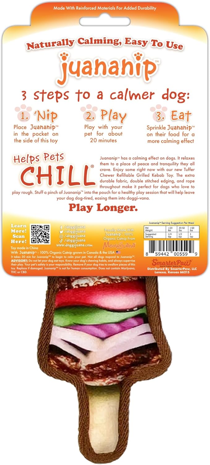 Doggijuana Tuffer Chewer Mini Plush Dog Toy | Funny Dog Toy Plush with Juananip Catnip for Dogs | Calming Aid for Dogs | Interactive Squeaky Chew Toy for Play (Kebab)