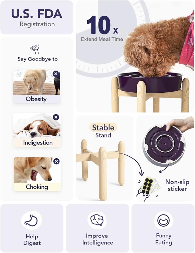 LE TAUCI Ceramic Slow Feeder Dog Bowls Elevated, 3 Cup Raised Bowl with Wooden Stand for Medium Large Breed, Slow Down Eating, Puzzle Dog Food Bowl, Maze Purple