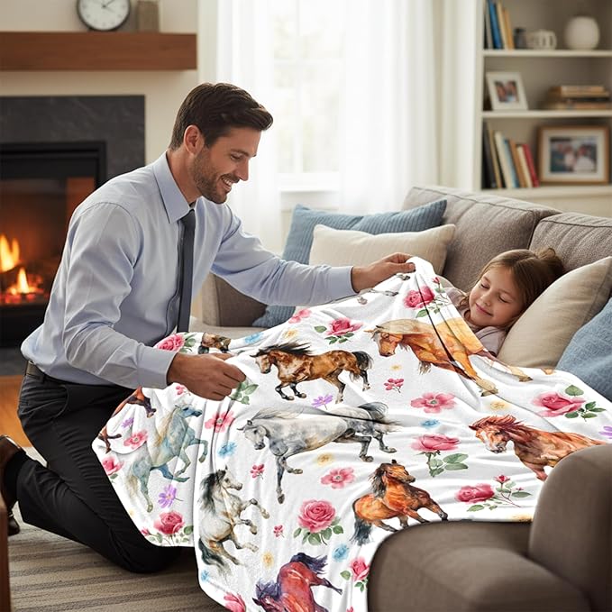 Horse Blanket for Girls Women, Soft Flannel Fleece Throw Gifts, Lightweight Cozy Horse Decor Blanket 50"x60"