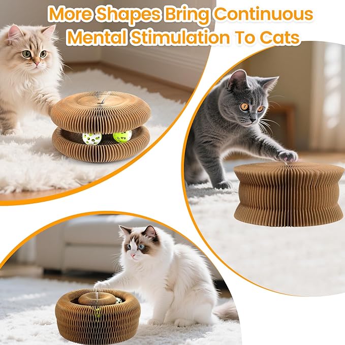 Upgraded Kitty Kurlz Cat Scratcher Board Toy with 2 Balls for Mental & Physical Exercise, Multi-Shape Interactive Cardboard Cat Toy for Indoor Kittens/Cats Infinite-Flip with Fun, Brown/Gray, 1 Pack