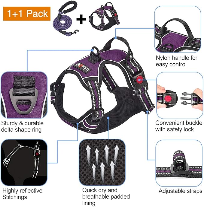 No Pull Dog Harness Adjustable Reflective Oxford Easy Control Medium Large Dog Harness with A Free Heavy Duty 5ft Dog Leash (M (Neck: 14.5"-20.5", Chest: 22"-28"), Purple Harness+Leash)