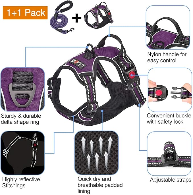 No Pull Harness with A Free Heavy Duty 5ft Leash for Medium Large Dog Adjustable Reflective Oxford Easy Control (L (Neck: 18"-25.5", Chest: 25.5"-31"), Purple Harness+Leash)